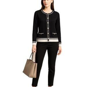 Karen Scott Black & White Trim Cardigan Sweater  L Academia Quiet Luxury